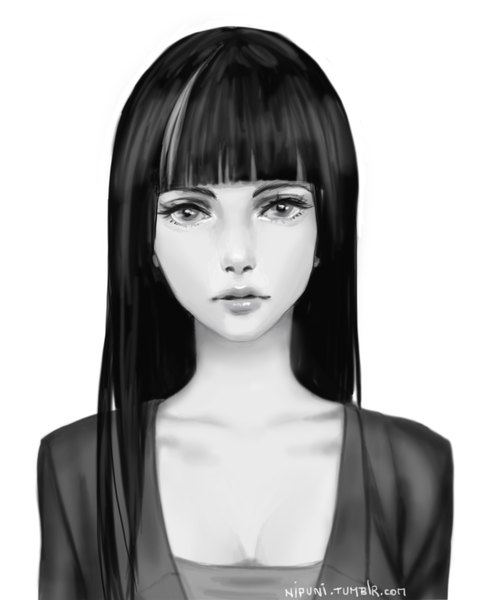 Anime picture 1280x1572 with death parade madhouse kurokami no onna nipuni single long hair tall image looking at viewer fringe breasts black hair simple background white background signed cleavage parted lips multicolored hair lips two-tone hair streaked hair