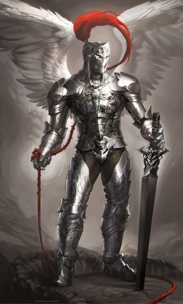 イラスト 1600x2646 と sakimichan ソロ 長身像 立つ holding angel wings knight 男性 手袋 武器 剣 翼 鎧 ヘルメット