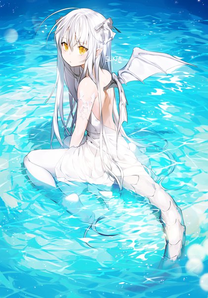 Anime picture 700x1000 with original sorolp single long hair tall image looking at viewer fringe hair between eyes sitting bare shoulders signed yellow eyes full body ahoge white hair looking back from above pointy ears from behind no shoes