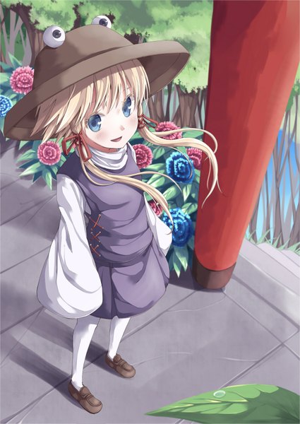 Anime picture 1200x1694 with touhou moriya suwako single long hair tall image blush open mouth blue eyes blonde hair twintails girl flower (flowers) ribbon (ribbons) hair ribbon hat