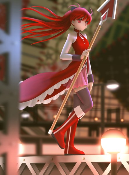 Anime picture 964x1300 with mahou shoujo madoka magica shaft (studio) sakura kyouko siraha single long hair tall image looking at viewer fringe red eyes bare shoulders ponytail red hair zettai ryouiki weightlessness girl thighhighs bow weapon black thighhighs