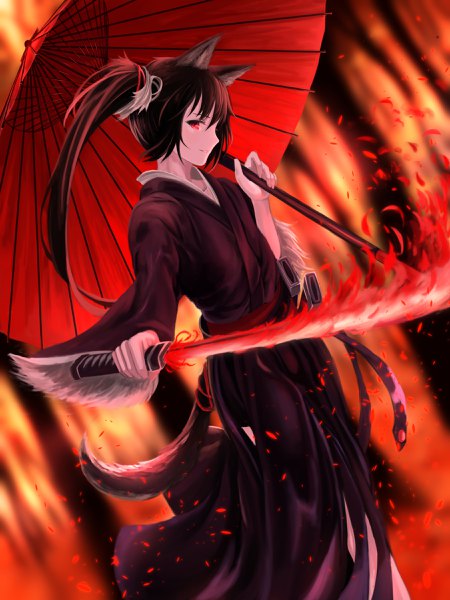 Anime-Bild 1800x2400 mit original mikisai single long hair tall image looking at viewer fringe highres black hair smile red eyes standing animal ears outdoors tail traditional clothes japanese clothes animal tail profile wide sleeves