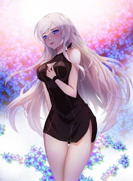 Anime picture 1107x1500 with a-line single long hair tall image blush fringe breasts blue eyes blonde hair standing looking away cleavage girl dress flower (flowers) short dress