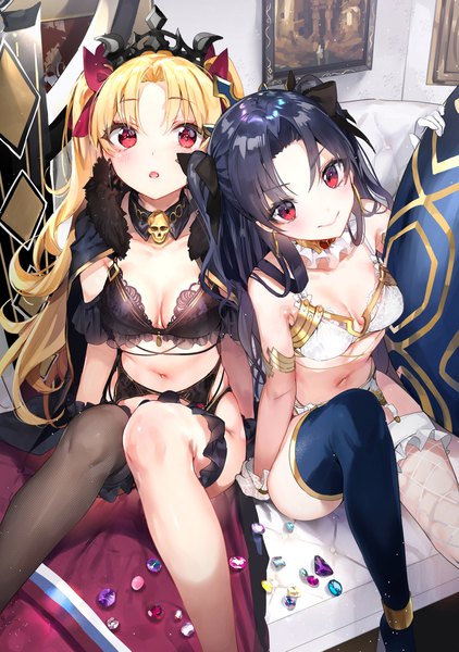 Anime picture 1500x2133 with fate (series) fate/grand order ishtar (fate) ereshkigal (fate) nekometaru long hair tall image looking at viewer blush fringe breasts light erotic black hair blonde hair smile red eyes sitting multiple girls cleavage bent knee (knees)
