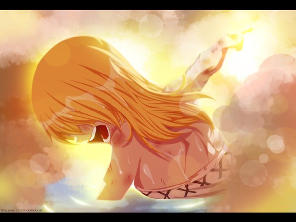 Anime picture 1146x860 with fairy tail lucy heartfilia kvequiso single long hair open mouth blonde hair sky cloud (clouds) profile sunlight coloring sunbeam hair over eyes screaming girl blood