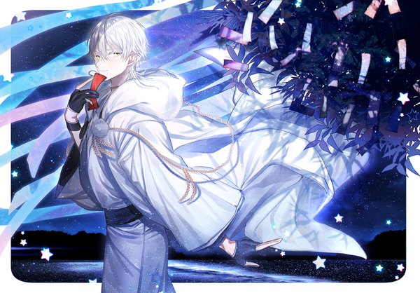 Anime picture 2150x1500 with touken ranbu nitroplus tsurumaru kuninaga abandon ranka single long hair looking at viewer fringe highres smile hair between eyes yellow eyes silver hair traditional clothes japanese clothes wind border tanabata boy gloves