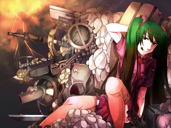 Anime picture 1024x768 with vocaloid hatsune miku long hair twintails green hair heterochromia torn clothes licking girl thighhighs weapon tongue skull mecha