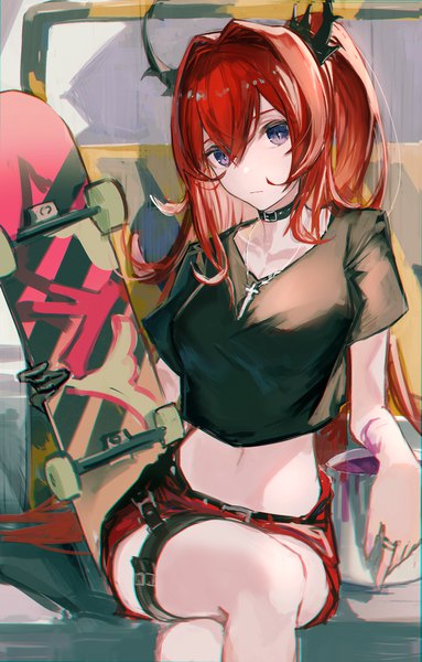 Anime picture 2238x3508 with arknights surtr (arknights) surtr (liberte echec) (arknights) karasuro single tall image looking at viewer fringe highres breasts hair between eyes sitting purple eyes holding payot bent knee (knees) red hair head tilt horn (horns) midriff