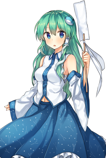 Anime picture 806x1200 with touhou kochiya sanae shnva single long hair tall image blush blue eyes simple background white background bare shoulders looking away green hair girl hair ornament detached sleeves hair tubes gohei
