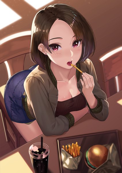 Anime-Bild 1447x2046 mit original kagematsuri single tall image looking at viewer blush fringe short hair breasts open mouth light erotic red eyes brown hair sitting cleavage indoors from above open jacket eating girl