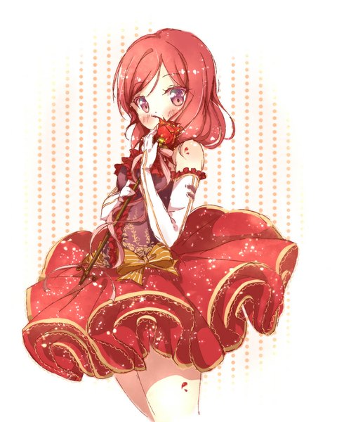 Anime-Bild 800x1000 mit love live! school idol project sunrise (studio) love live! nishikino maki kuma (happylocation) single tall image looking at viewer blush red eyes standing bare shoulders red hair girl dress gloves flower (flowers) ribbon (ribbons) bow elbow gloves