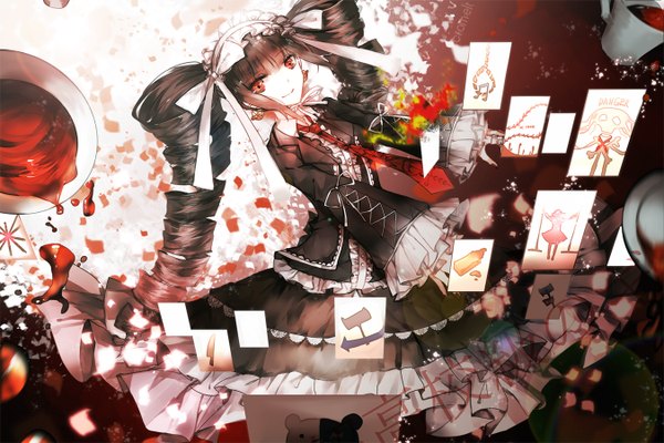 Anime picture 1350x900 with dangan ronpa monokuma celestia ludenberg cromelt single long hair looking at viewer blush black hair smile red eyes twintails nail polish drill hair lolita fashion goth-loli curly hair girl dress ribbon (ribbons)