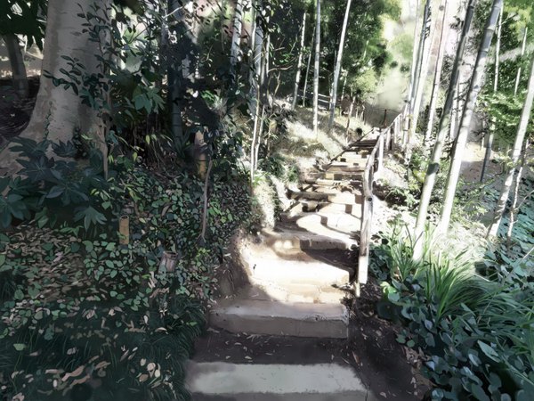 Anime picture 3000x2250 with original houmitsu highres absurdres realistic landscape nature plant (plants) tree (trees) forest stairs bamboo