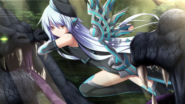 Anime picture 1280x720 with madou koukaku eushully wide image yellow eyes game cg white hair teeth fang (fangs) girl thighhighs weapon black thighhighs beret monster