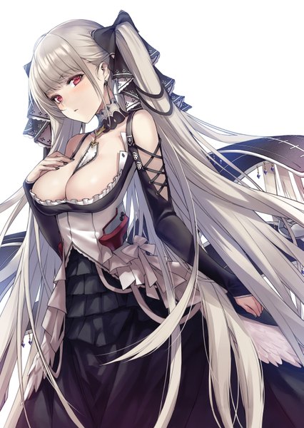 Anime picture 1137x1600 with azur lane formidable (azur lane) applekun single tall image looking at viewer blush fringe breasts light erotic simple background red eyes large breasts standing white background twintails cleavage very long hair nail polish grey hair