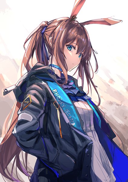 Anime picture 2677x3794 with arknights amiya (arknights) gu luco single long hair tall image looking at viewer fringe highres blue eyes hair between eyes brown hair animal ears payot upper body ponytail bunny ears hands in pockets girl choker