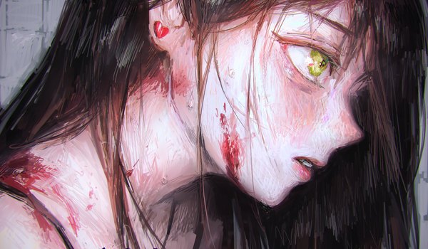 Anime picture 2910x1696 with original hatena (nazequestion) single long hair highres black hair wide image green eyes looking away parted lips profile leaning face blood on face girl earrings heart blood stud earrings