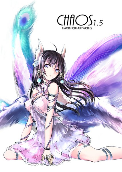 Anime picture 568x800 with original iori (cpeilad) single long hair tall image looking at viewer black hair simple background white background sitting purple eyes ahoge inscription girl dress earrings jewelry feather (feathers)