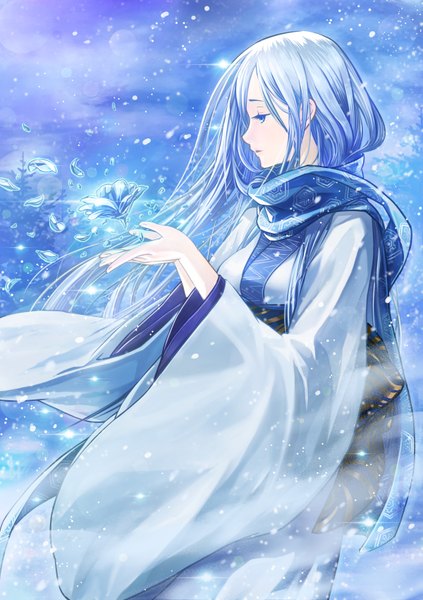 Anime picture 2400x3400 with original piko neko inko single long hair tall image highres breasts blue eyes blue hair traditional clothes japanese clothes profile wide sleeves snowing winter glow girl flower (flowers) petals kimono