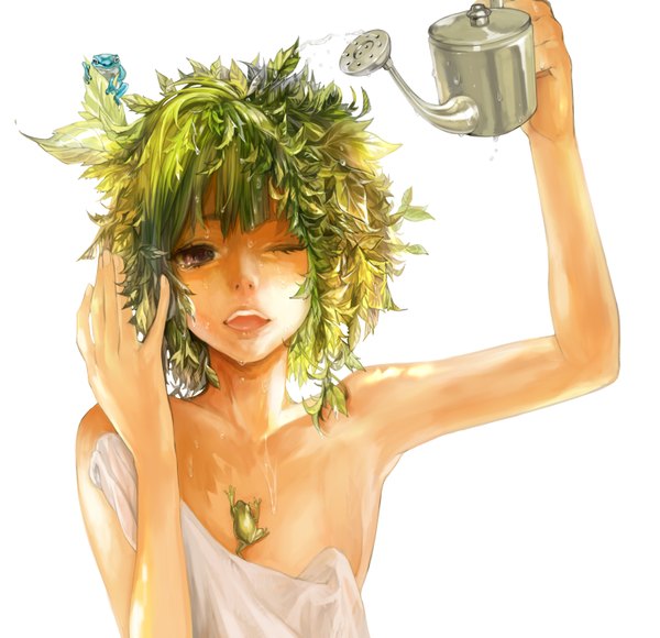 Anime picture 1550x1500 with original tcb (pixiv) single fringe highres short hair open mouth light erotic white background bare shoulders one eye closed green hair wink wet topless crying androgynous girl plant (plants) water