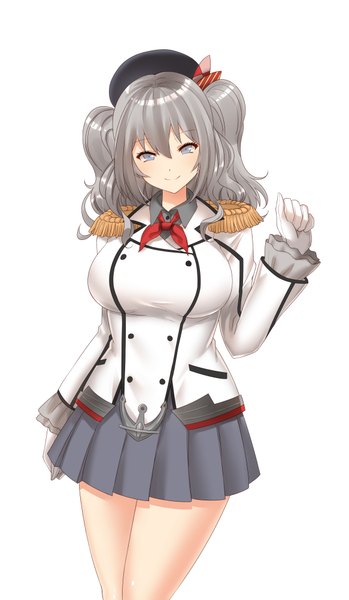 Anime picture 1166x2000 with kantai collection kashima training cruiser x&x&x single long hair tall image looking at viewer blue eyes simple background smile white background grey hair girl skirt gloves uniform miniskirt white gloves epaulettes