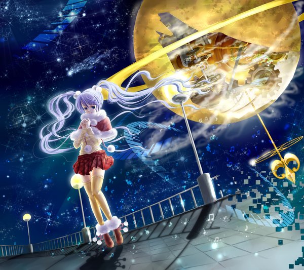 Anime picture 2000x1778 with vocaloid hatsune miku hatoyama single long hair highres blue eyes twintails blue hair night girl thighhighs miniskirt moon star (stars)