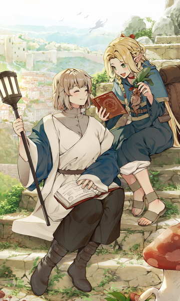 Anime picture 1799x3000 with dungeon meshi studio trigger marcille donato falin touden falin touden (tallman) cika k long hair tall image highres short hair open mouth blonde hair multiple girls green eyes outdoors eyes closed :d pointy ears ^ ^ girl
