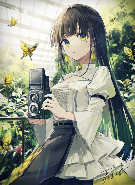 Anime picture 1000x1371 with original oshio (dayo) single long hair tall image looking at viewer fringe black hair standing holding green eyes signed indoors blunt bangs long sleeves multicolored hair sunlight mole two-tone hair puffy sleeves