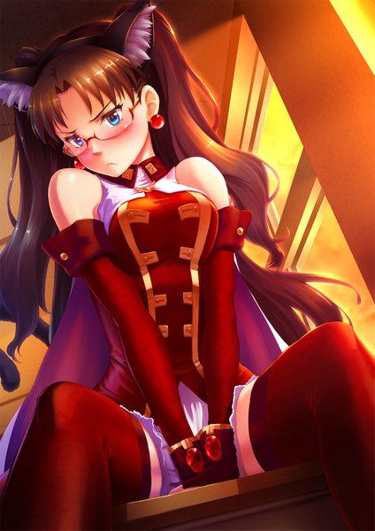 Anime picture 905x1280 with fate (series) fate/hollow ataraxia toosaka rin kaleido ruby uzushiopawn single long hair tall image looking at viewer blush fringe breasts light erotic brown hair large breasts sitting bare shoulders animal ears indoors head tilt