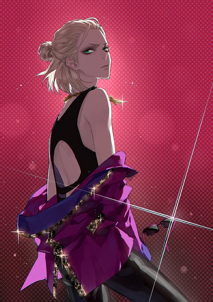 Anime picture 600x848 with yuri!!! on ice mappa yuri plisetsky azai single tall image looking at viewer short hair blonde hair bare shoulders green eyes looking back sparkle hair bun (hair buns) half updo bare back polka dot makeup polka dot background sunglasses removed