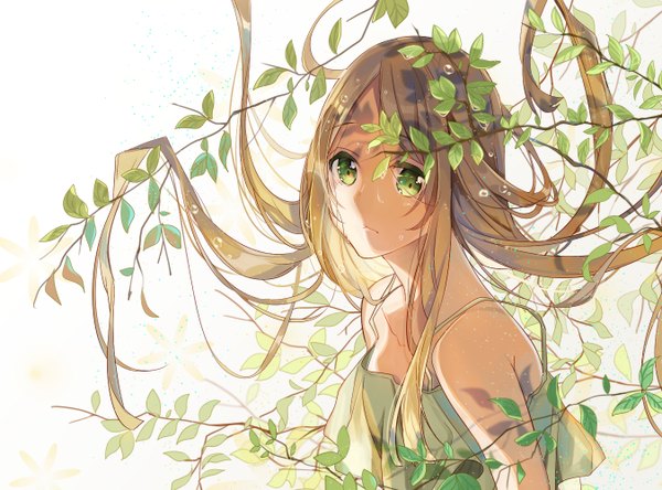 Anime picture 1350x1000 with original omutatsu single long hair looking at viewer simple background brown hair white background bare shoulders green eyes upper body sleeveless shaded face girl dress leaf (leaves) water drop branch green dress