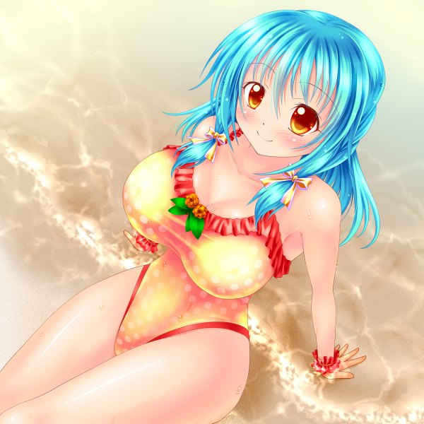 Anime picture 1200x1200 with original kogarashi (wind of winter) single long hair breasts light erotic large breasts blue hair orange eyes beach girl bow swimsuit hair bow