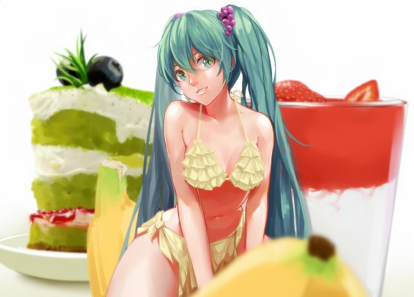Anime picture 1200x862 with vocaloid hatsune miku yunsang single long hair looking at viewer light erotic sitting twintails bare shoulders aqua eyes aqua hair bare belly depth of field girl navel swimsuit bikini glasses food
