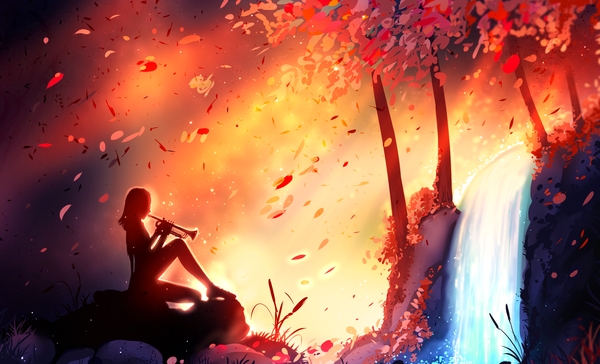Anime picture 1743x1059 with original ryky single highres short hair wide image sitting bent knee (knees) wind autumn waterfall girl plant (plants) tree (trees) water leaf (leaves) musical instrument autumn leaves stone (stones) trumpet