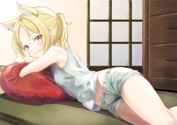 Anime picture 2829x2000 with original fluno single long hair looking at viewer highres blonde hair smile red eyes animal ears ponytail indoors lying sleeveless open shorts girl shorts pillow short shorts sliding doors
