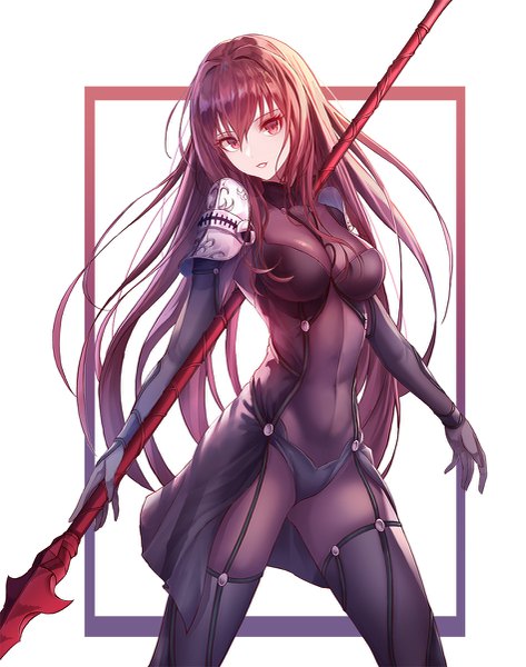 Anime picture 947x1200 with fate (series) fate/grand order scathach (fate) (all) scathach (fate) minin982 single long hair tall image looking at viewer fringe breasts light erotic simple background hair between eyes red eyes standing white background holding purple hair parted lips