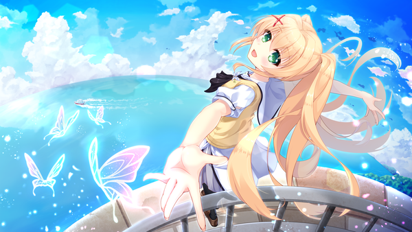 Anime picture 3840x2160 with summer pockets key (studio) tsumugi wenders arthur ishii single long hair looking at viewer blush fringe highres open mouth blonde hair smile hair between eyes wide image standing twintails green eyes payot absurdres