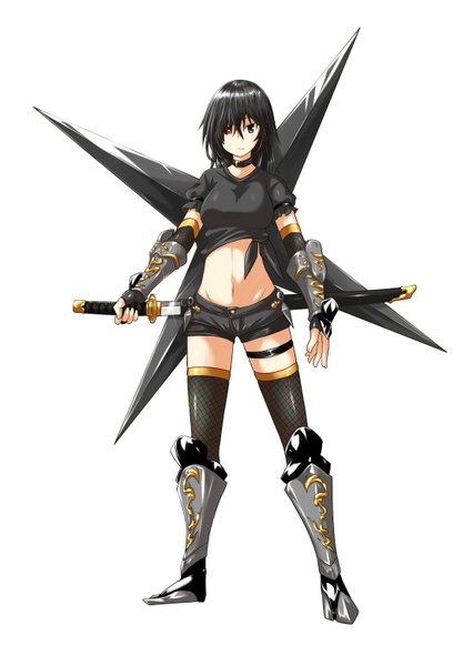 Anime picture 1104x1553 with original kaho single long hair tall image looking at viewer black hair simple background white background holding bare belly midriff heterochromia dual wielding girl thighhighs navel weapon black thighhighs sword