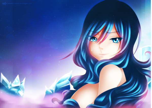 Anime picture 1900x1364 with fairy tail juvia lockser kuronick-arts single long hair looking at viewer fringe highres breasts blue eyes light erotic simple background smile hair between eyes bare shoulders blue hair pink hair upper body gradient background gradient hair