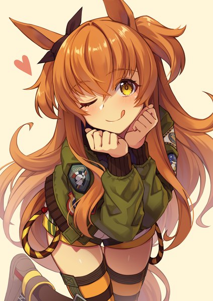 Anime picture 1158x1637 with umamusume mayano top gun (umamusume) suneru single long hair tall image looking at viewer simple background animal ears yellow eyes tail animal tail one eye closed from above wink orange hair two side up horse ears horse tail girl
