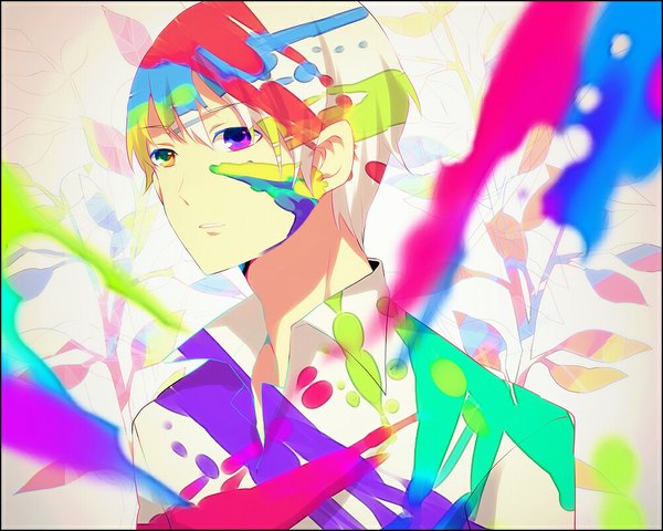 Anime picture 1000x800 with original achiki single short hair blonde hair heterochromia open collar boy shirt paint