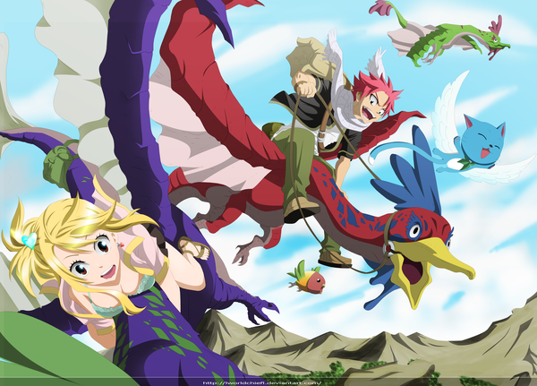 Anime picture 4096x2944 with fairy tail lucy heartfilia natsu dragneel happy (fairy tail) lworldchiefl long hair highres short hair open mouth blonde hair smile brown eyes pink hair absurdres sky cloud (clouds) ponytail eyes closed black eyes coloring
