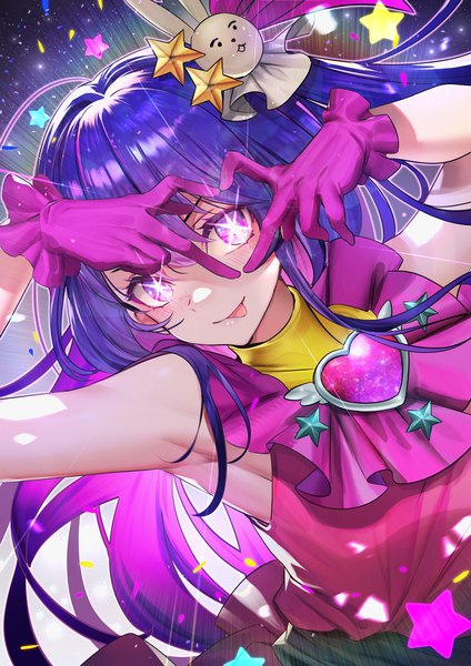 Anime picture 1771x2508 with oshi no ko hoshino ai (oshi no ko) teddy (khanshin) single long hair tall image looking at viewer highres purple eyes purple hair upper body ahoge sleeveless one side up symbol-shaped pupils :p heart hands girl gloves hair ornament
