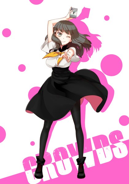 Anime picture 1400x2000 with gatchaman crowds tatsunoko ichinose hajime tianna single long hair tall image looking at viewer fringe smile brown hair brown eyes one eye closed wind wink outstretched arm pointing girl uniform hair ornament