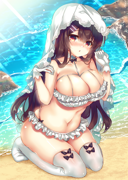 Anime picture 860x1214 with original suzunone rena single long hair tall image looking at viewer blush fringe breasts open mouth light erotic black hair hair between eyes red eyes bare shoulders payot cleavage full body outdoors head tilt