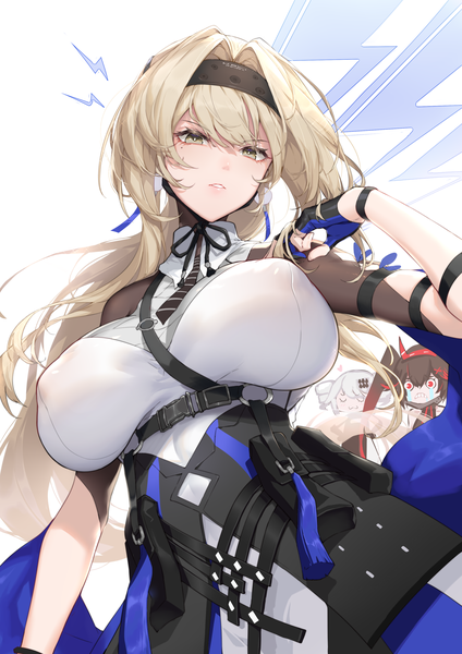 Anime picture 2480x3508 with punishing: gray raven alpha (punishing: gray raven) bianca (punishing: gray raven) karenina (punishing: gray raven) shanyao jiang tororo long hair tall image looking at viewer fringe highres breasts light erotic blonde hair hair between eyes large breasts standing multiple girls yellow eyes payot eyes closed