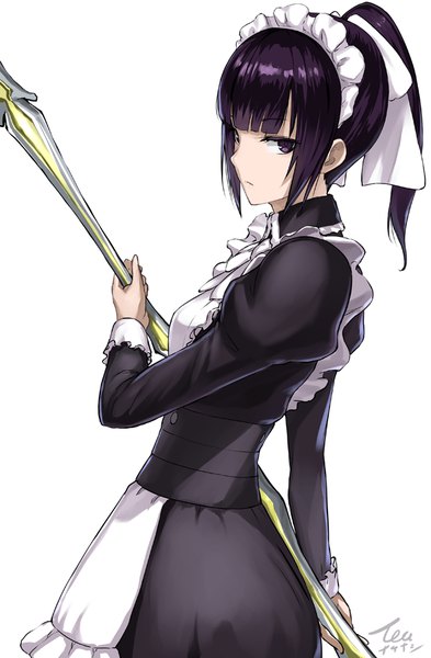 Anime picture 590x900 with overlord (maruyama) madhouse narberal gamma tea (nakenashi) single tall image looking at viewer fringe short hair simple background standing white background purple eyes signed purple hair ponytail blunt bangs maid puffy sleeves girl