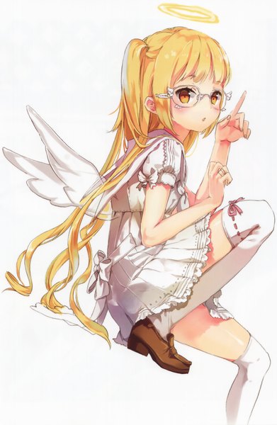 Anime picture 1941x2978 with original anmi single long hair tall image blush highres simple background blonde hair white background sitting ponytail scan short sleeves orange eyes puffy sleeves side ponytail angel wings angel girl