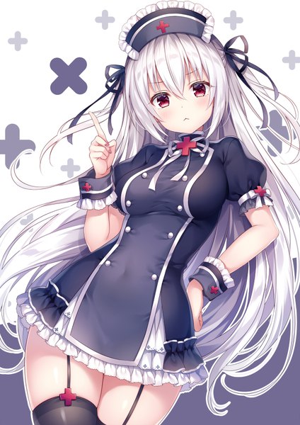 Anime picture 707x1000 with original mitsuba choco single long hair tall image looking at viewer blush fringe breasts simple background hair between eyes red eyes standing white background payot silver hair nail polish fingernails short sleeves puffy sleeves