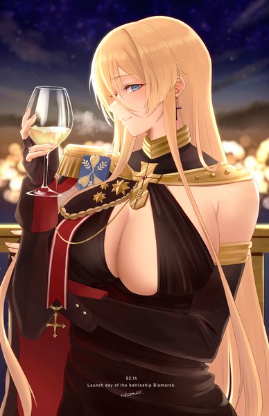 Anime picture 1294x2000 with azur lane bismarck (azur lane) bismarck (beacon of the iron blood) (azur lane) lyche (cramcell) single long hair tall image looking at viewer fringe breasts blue eyes light erotic blonde hair smile hair between eyes large breasts standing holding upper body outdoors